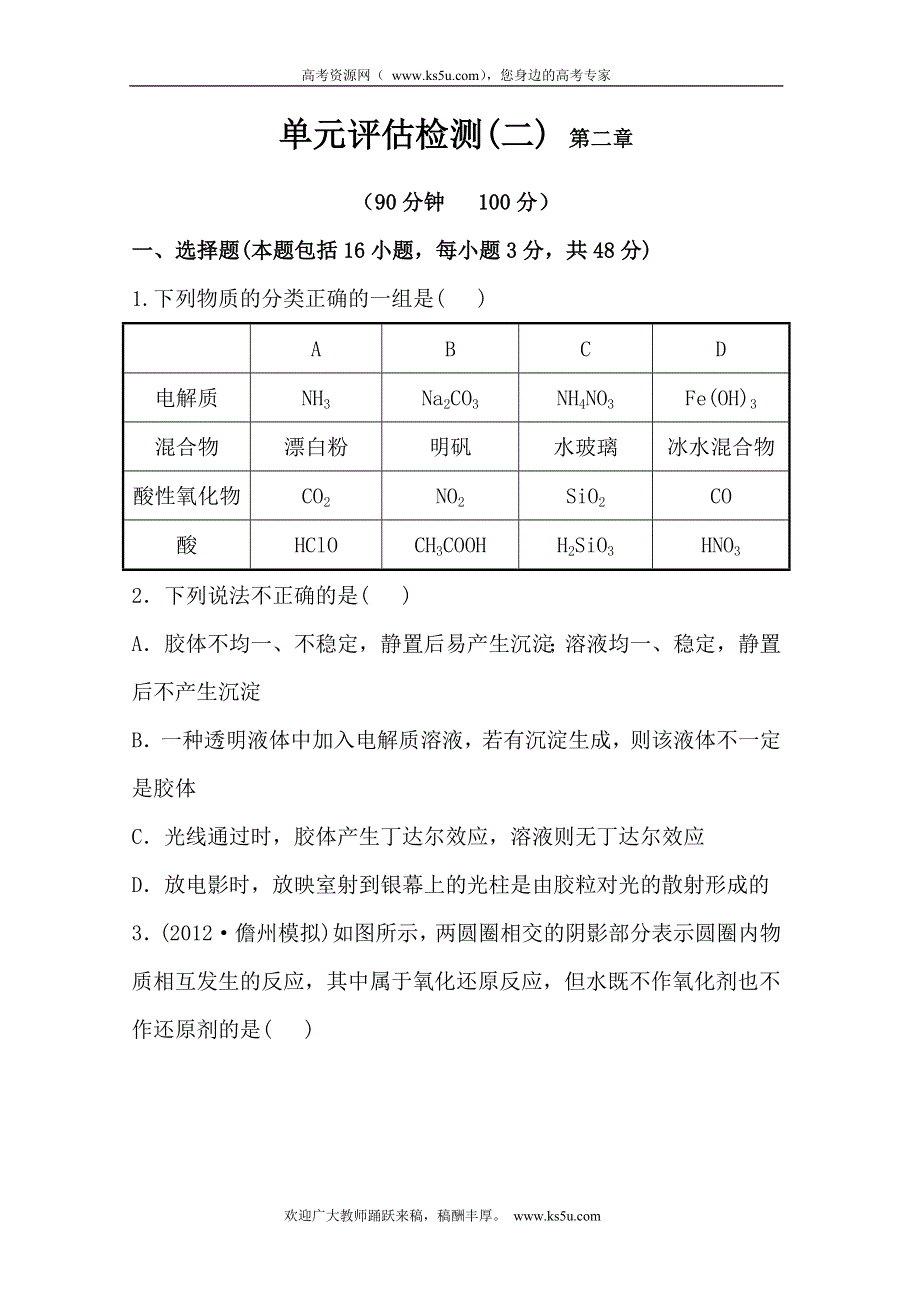 2013届高三化学一轮复习测试精析：单元评估检测（2）物质分类及其变化（人教版）.doc_第1页