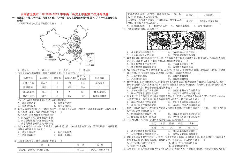 云南省玉溪市一中2020-2021学年高一历史上学期第二次月考试题.doc_第1页