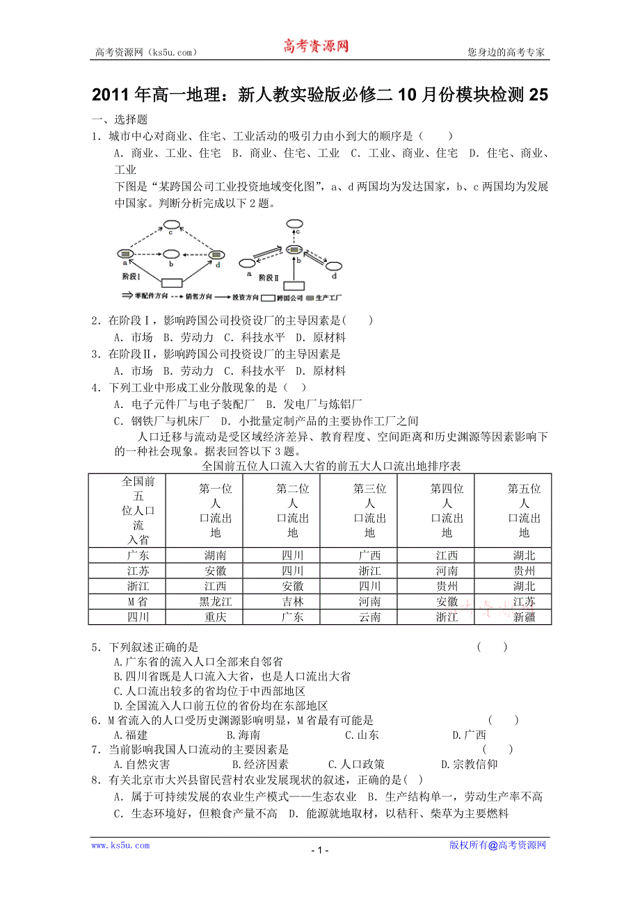 2011年高一地理：新人教实验版必修二10月份模块检测25（新人教必修二).doc_第1页