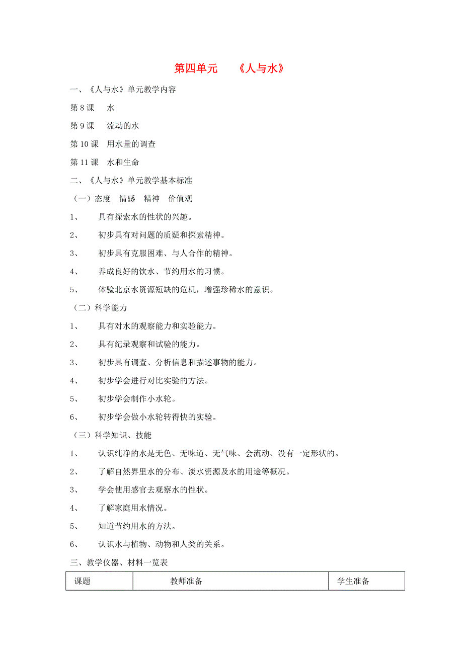 三年级科学上册 第四单元 人与水教材说明 首师大版.doc_第1页