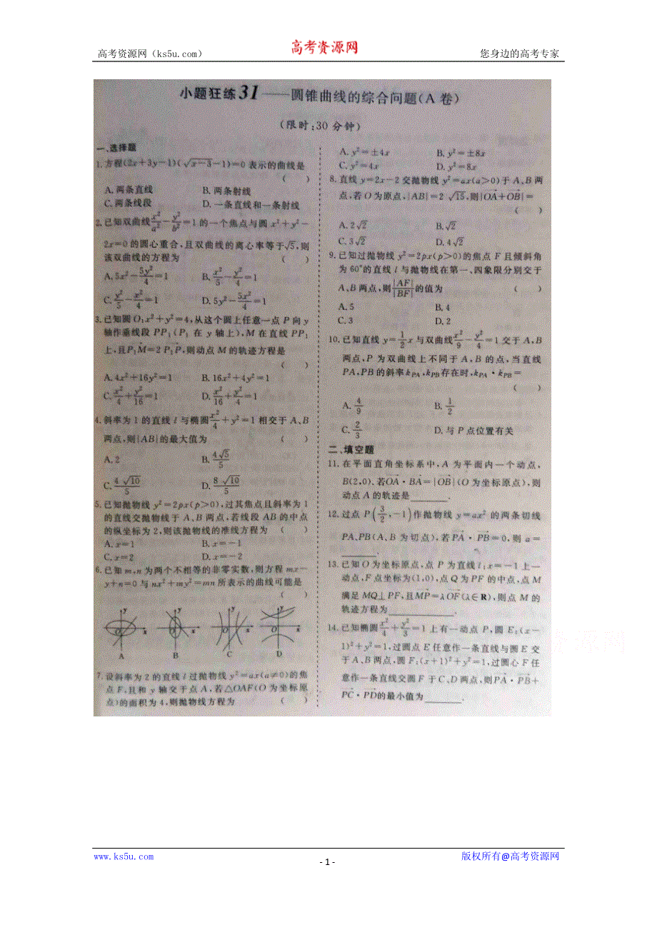 《三维设计·高频考点加餐训练》2015届高考数学小题狂练：圆锥曲线的综合问题（ A B卷） 扫描版含解析.doc_第1页