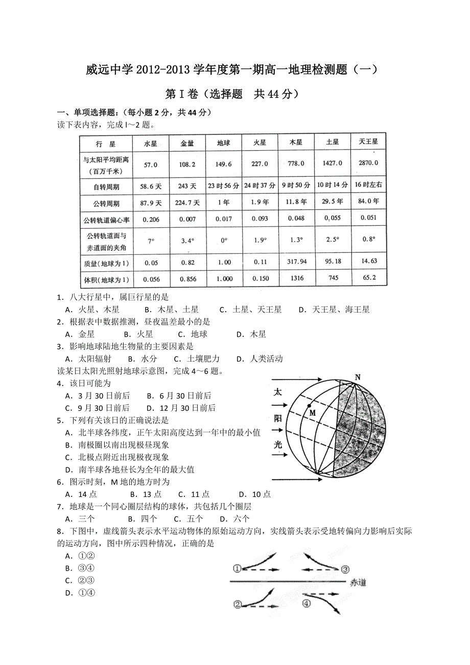 四川省威远中学2012-2013学年高一上学期地理检测题（一） WORD版含答案.doc_第1页