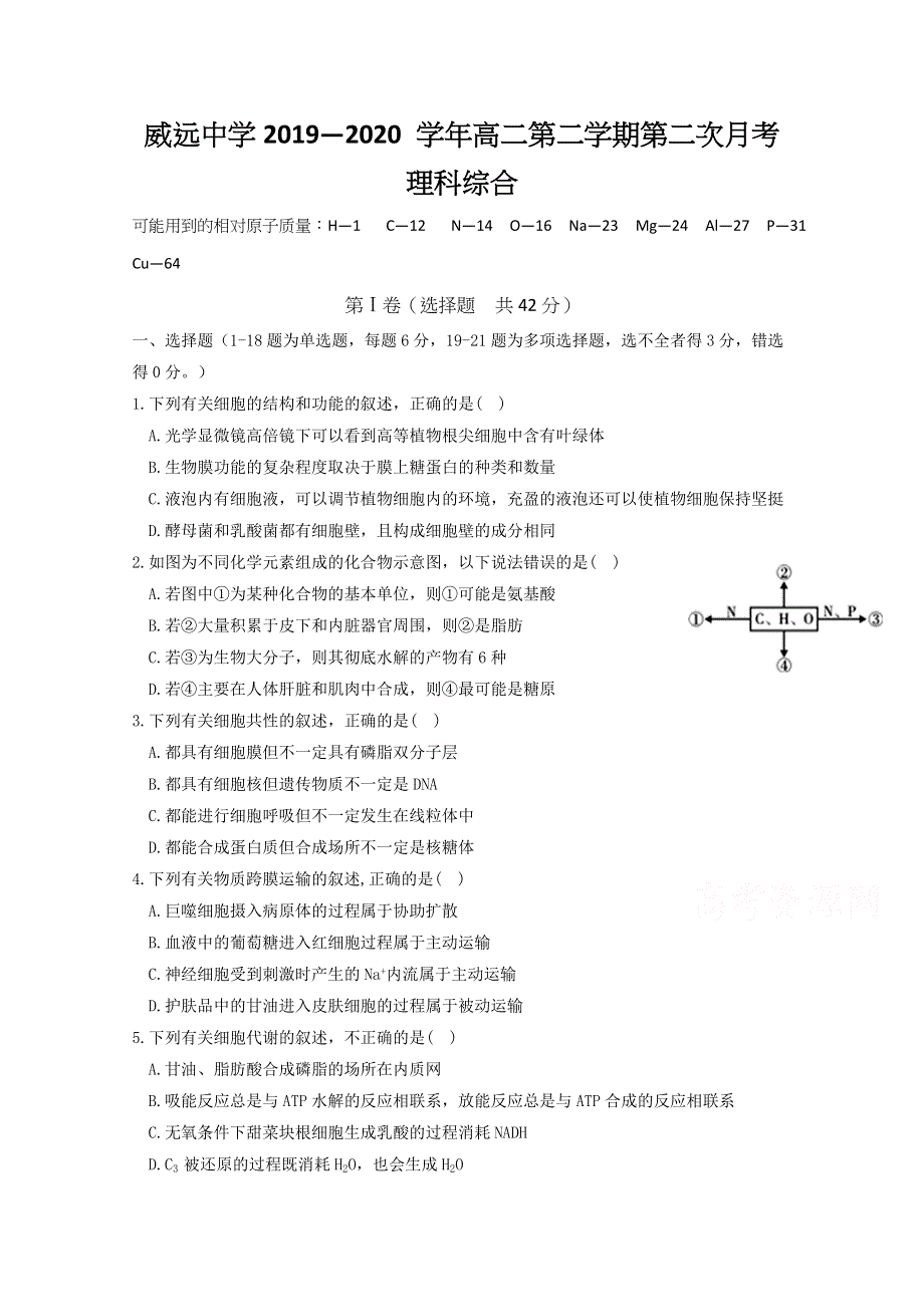 四川省威远中学2019-2020学年高二下学期第二次月考理综合试题 WORD版含答案.doc_第1页