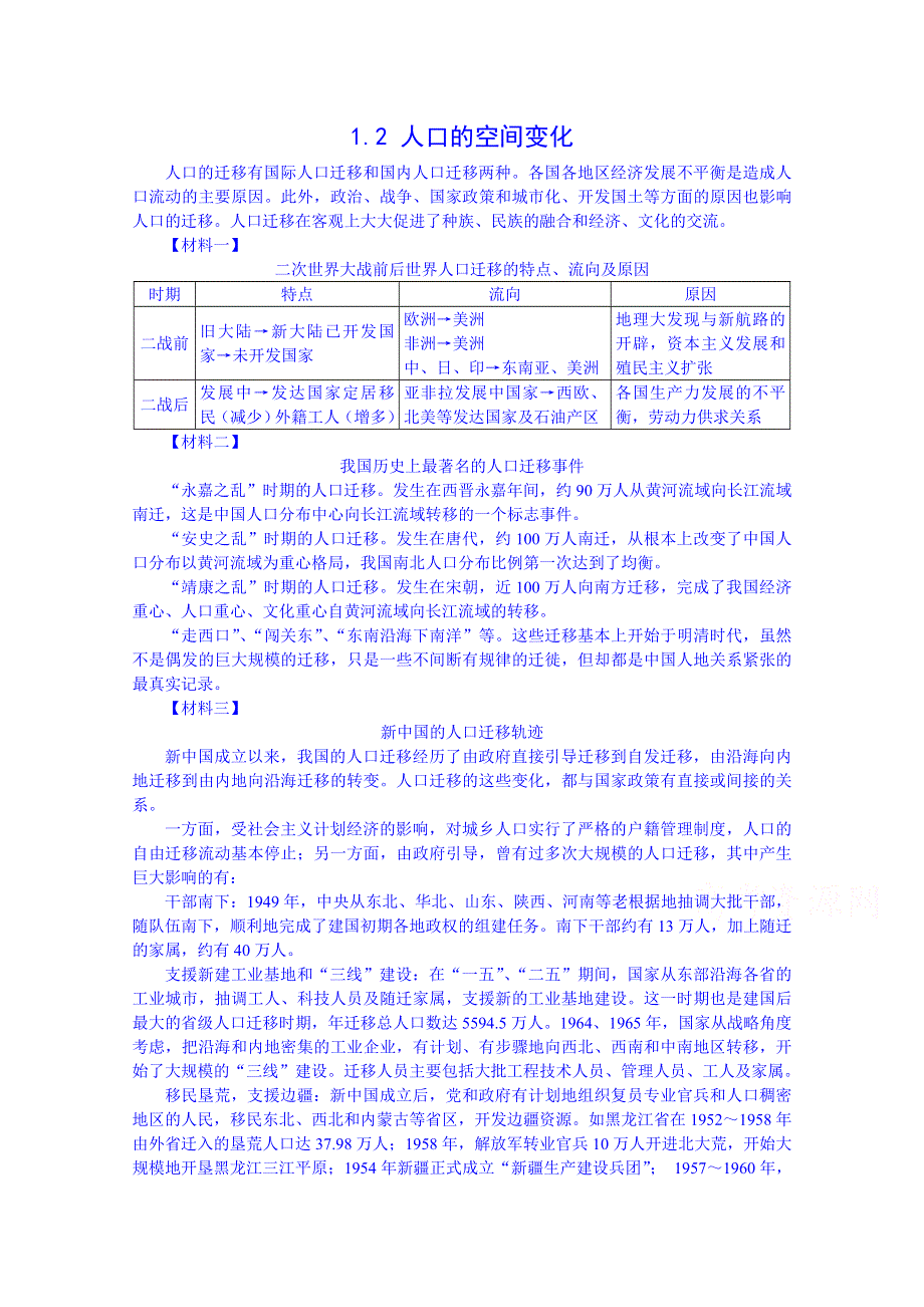 《名师课堂 备课包》2013-2014学年高一下学期地理人教版必修2素材 第1章第2节 人口的空间变化.doc_第1页