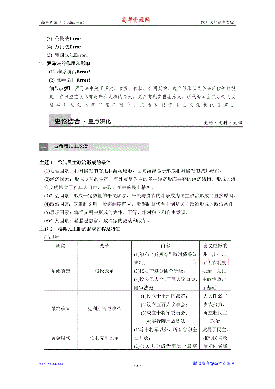 2013届高三历史一轮复习学案：第3讲 古代希腊民主政治和罗马法（人教必修1）.doc_第2页