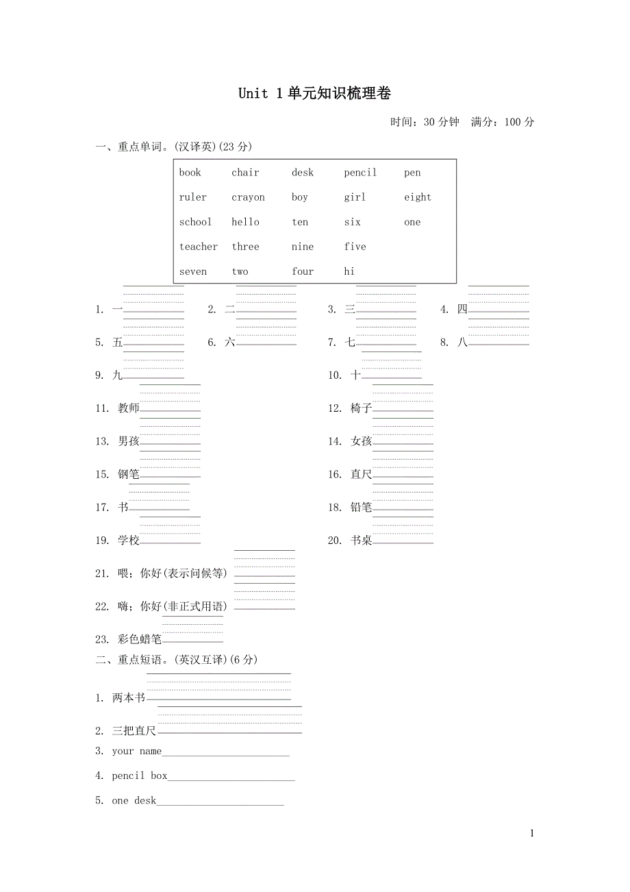 三年级英语上册Unit 1 School and Numbers单元知识梳理卷（冀教版三起）.doc_第1页