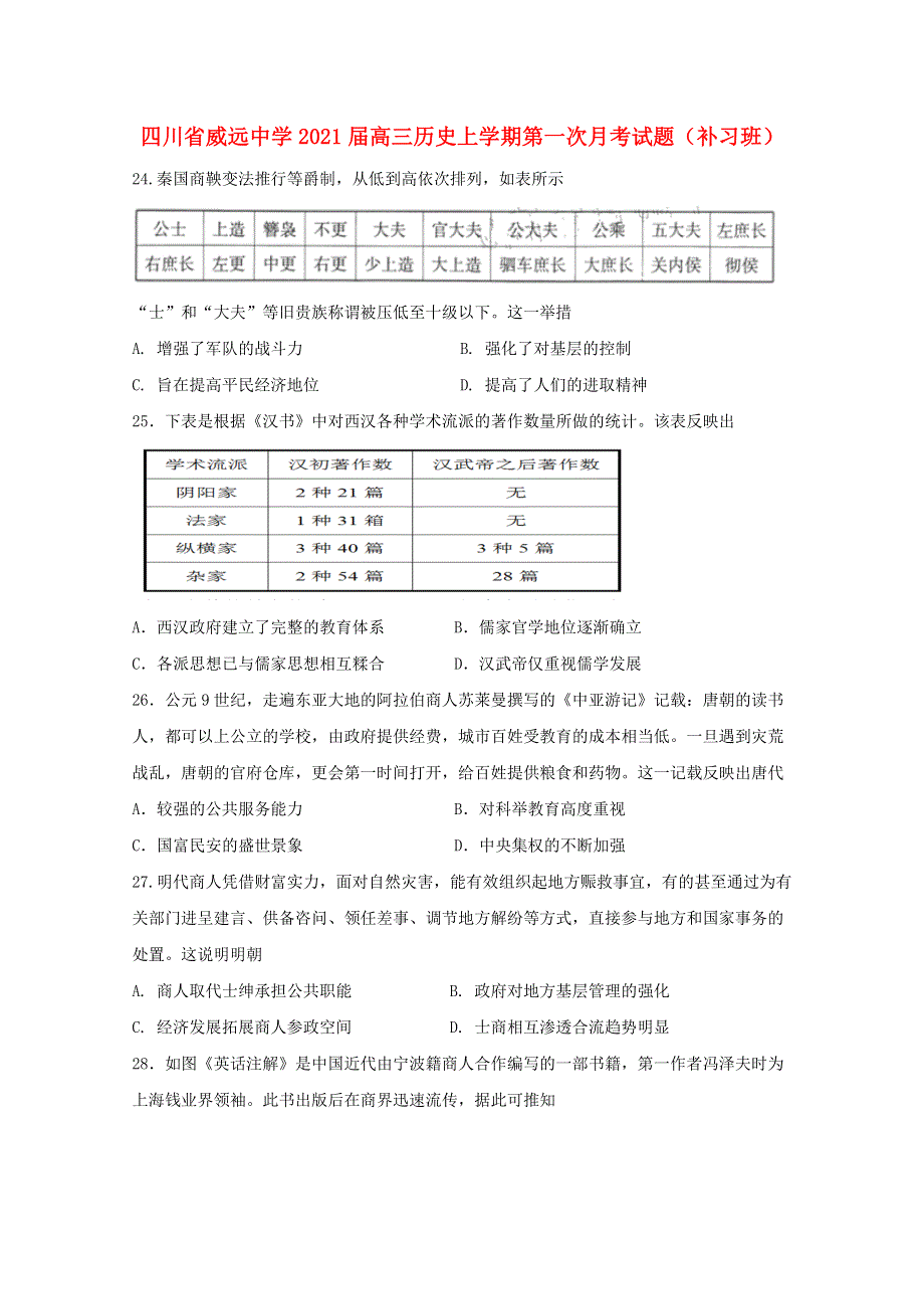 四川省威远中学2021届高三历史上学期第一次月考试题（补习班）.doc_第1页