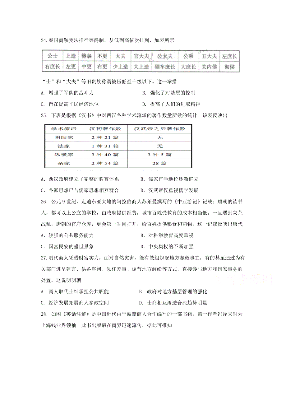 四川省威远中学2021届高三（补习班）上学期第一次月考文综-历史试题 WORD版含答案.doc_第1页