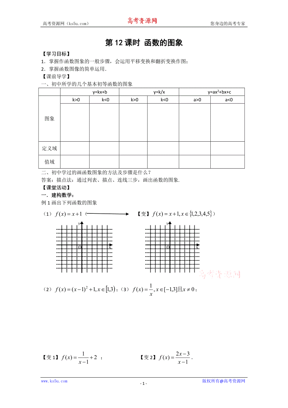 2011年江苏省高中数学学案：12《函数的图像》（苏教版必修1）.doc_第1页