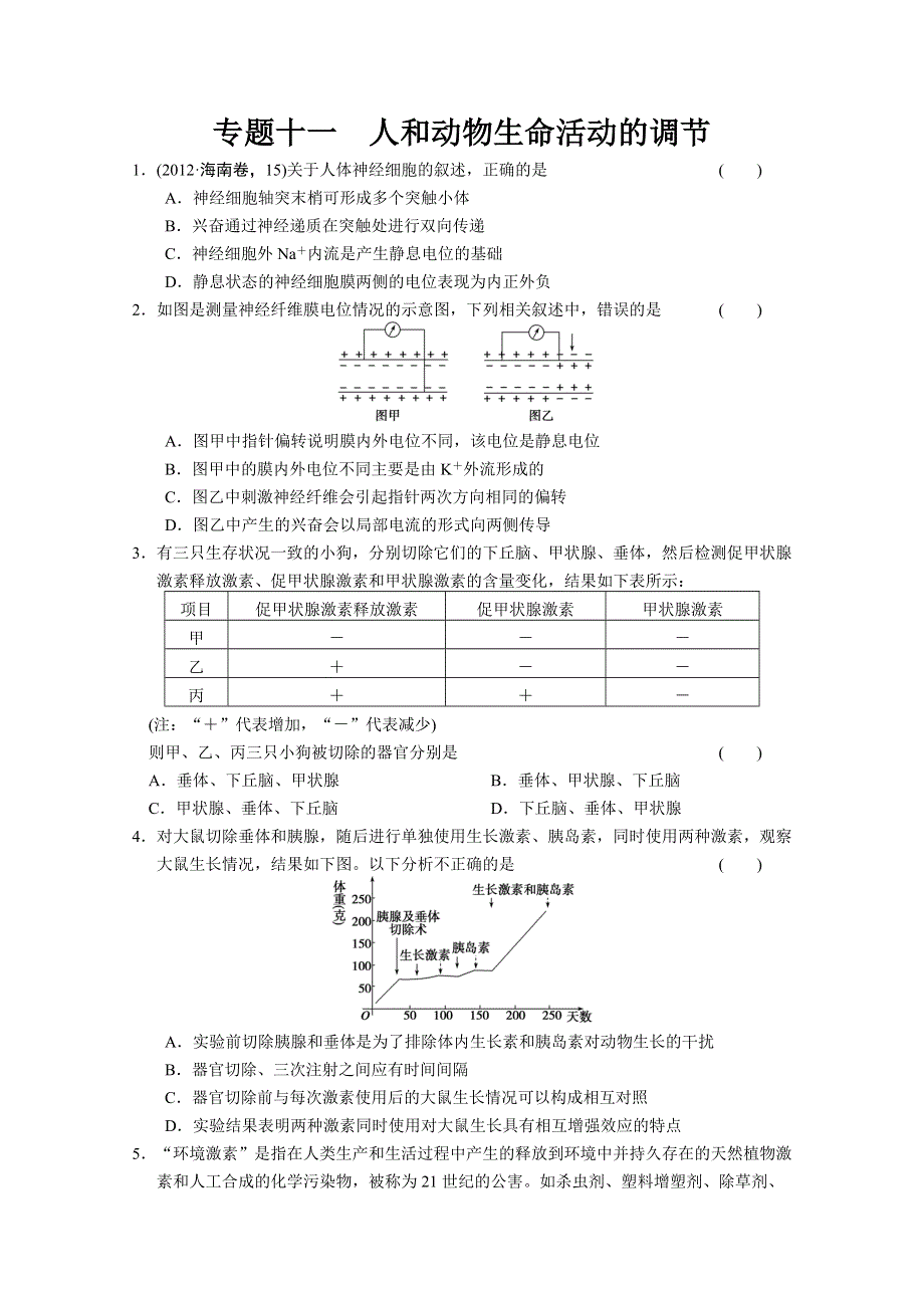 2013届高三二轮专题十一--人和动物生命活动的调节.doc_第1页