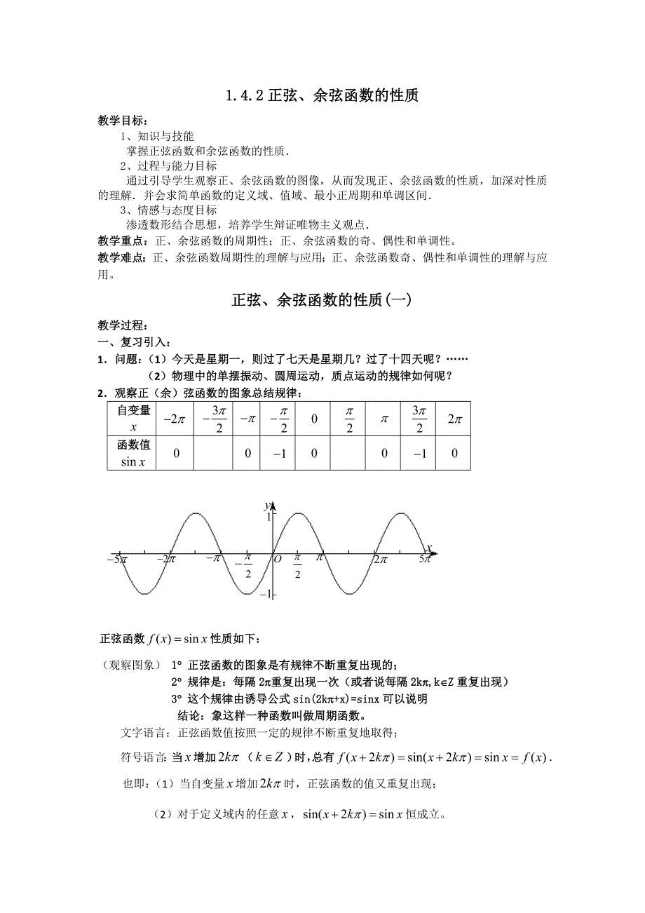 《名师堂》2015-2016学年高一数学人教A版必修四教案：1.4.2 正弦、余弦函数的性质（一） WORD版含答案.doc_第1页