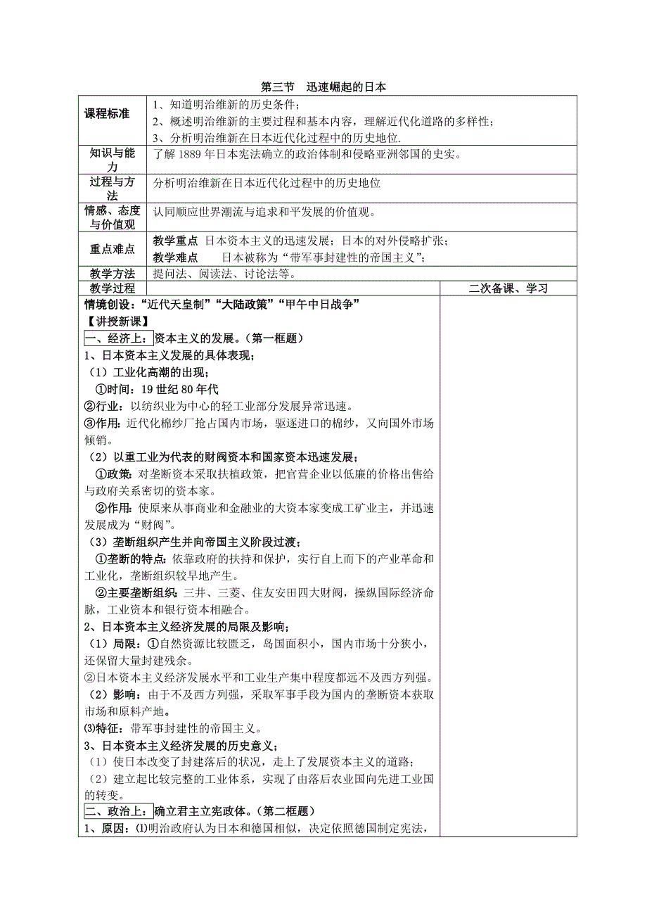 四川省古蔺县中学高二历史下册（人民版选修1）教案：专题8 明治维新 第3节迅速崛起的日本.doc_第1页