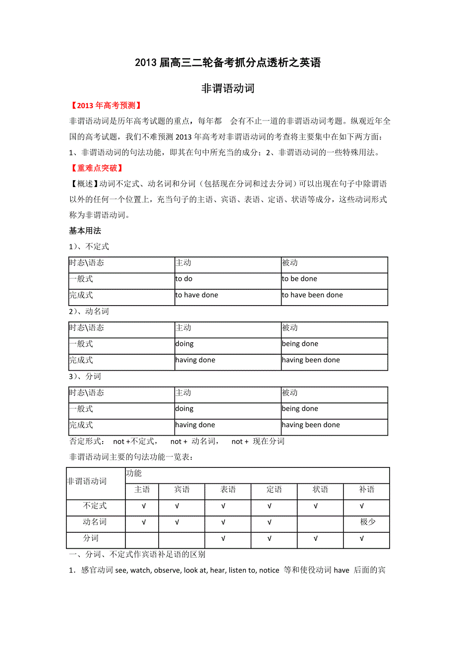 2013届高三二轮备考抓分点透析英语专题6：非谓语动词（升级版）.doc_第1页