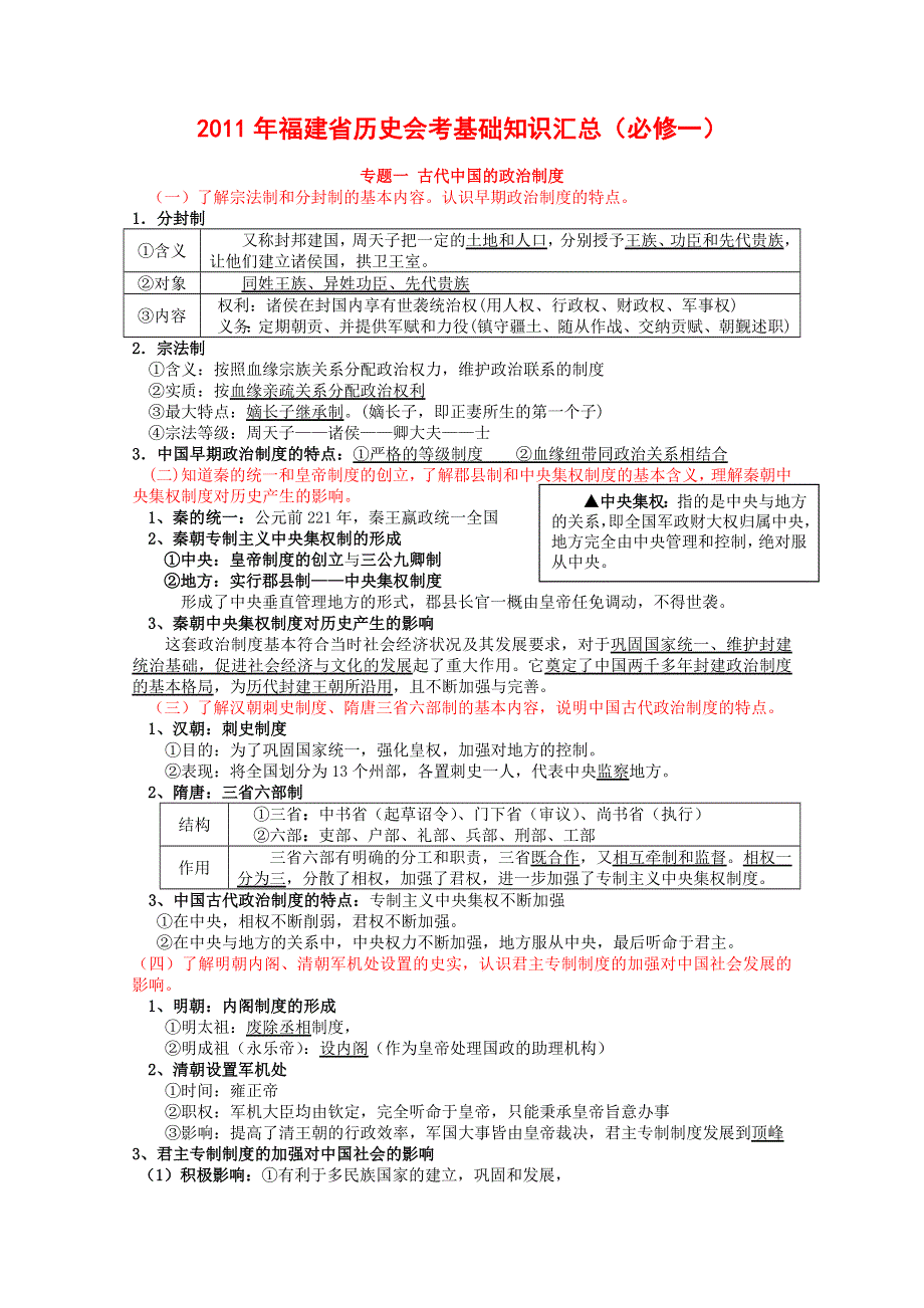 2011年福建省历史会考基础知识汇总必修一：专题一 古代中国的政治制度.doc_第1页