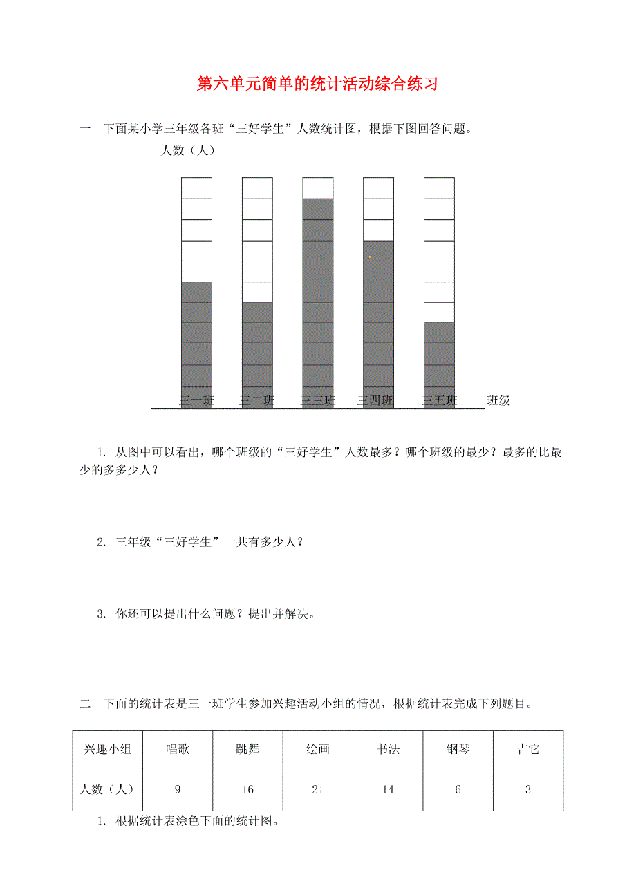 三年级数学下册 六 简单的统计活动单元综合测试 西师大版.doc_第1页