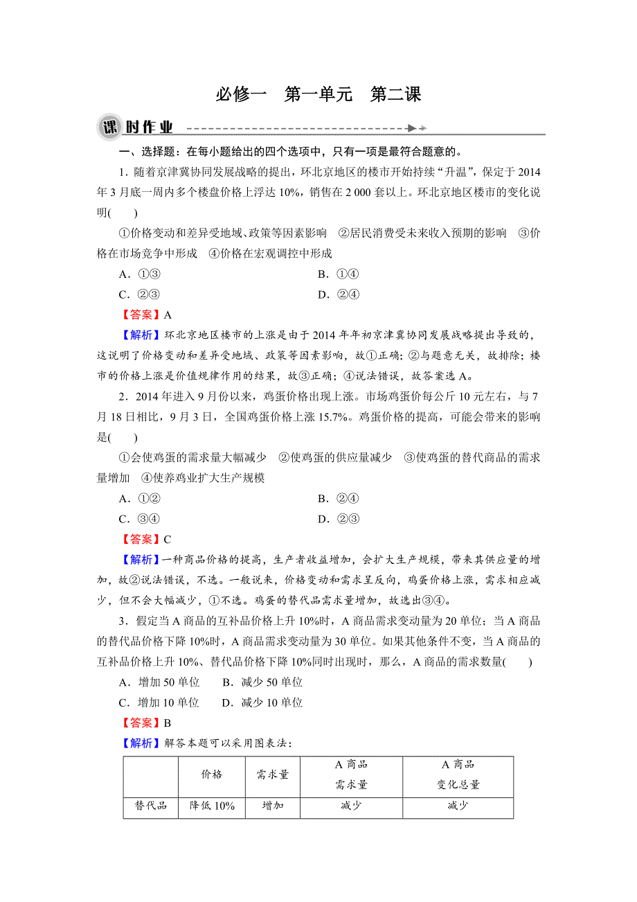 《名师面对面》2016届高三一轮总复习政治必修1同步练习：第1单元 第2课 多变的价格 .doc_第1页