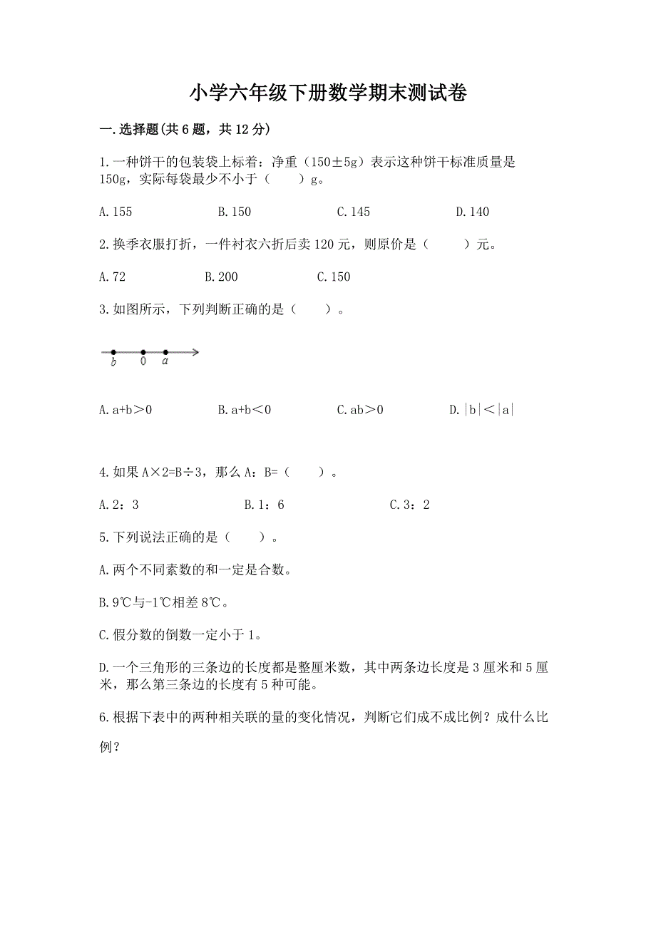 小学六年级下册数学期末测试卷精品（网校专用）.docx_第1页