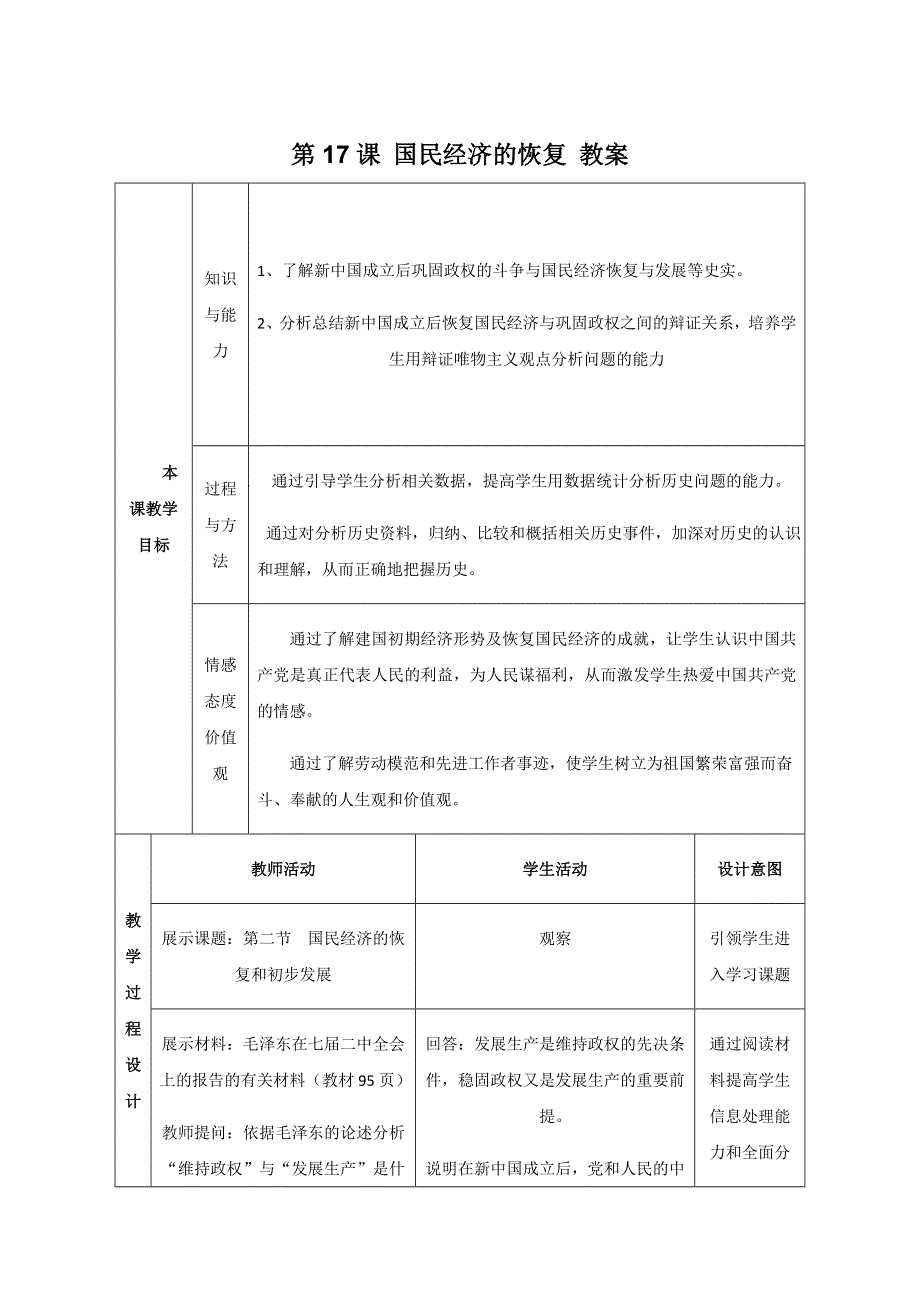 2011年高三历史：5.17《国民经济的恢复》教案（华师大版高三下册）.doc_第1页