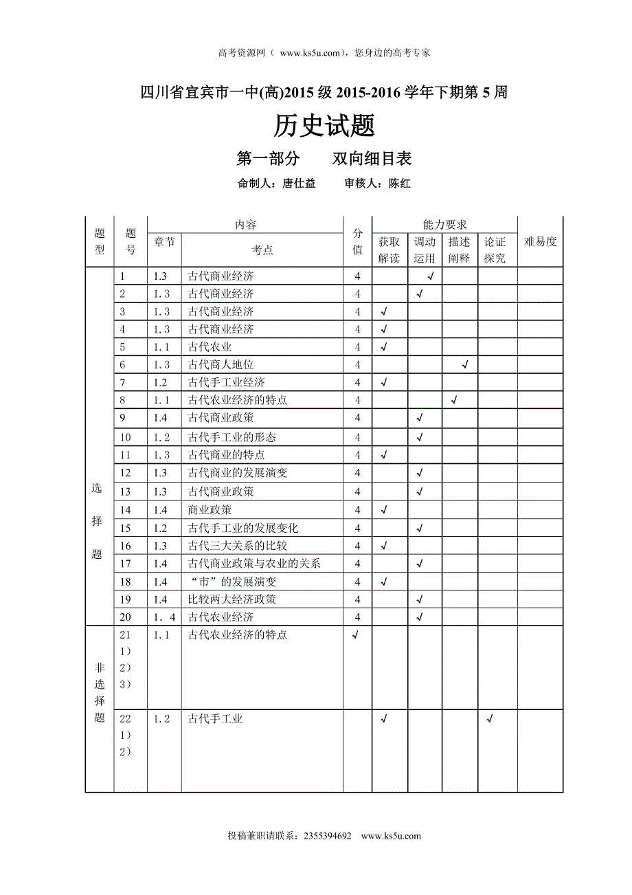 四川省宜宾市一中2015-2016学年高一下期第5周历史试题 WORD版含答案.doc_第1页