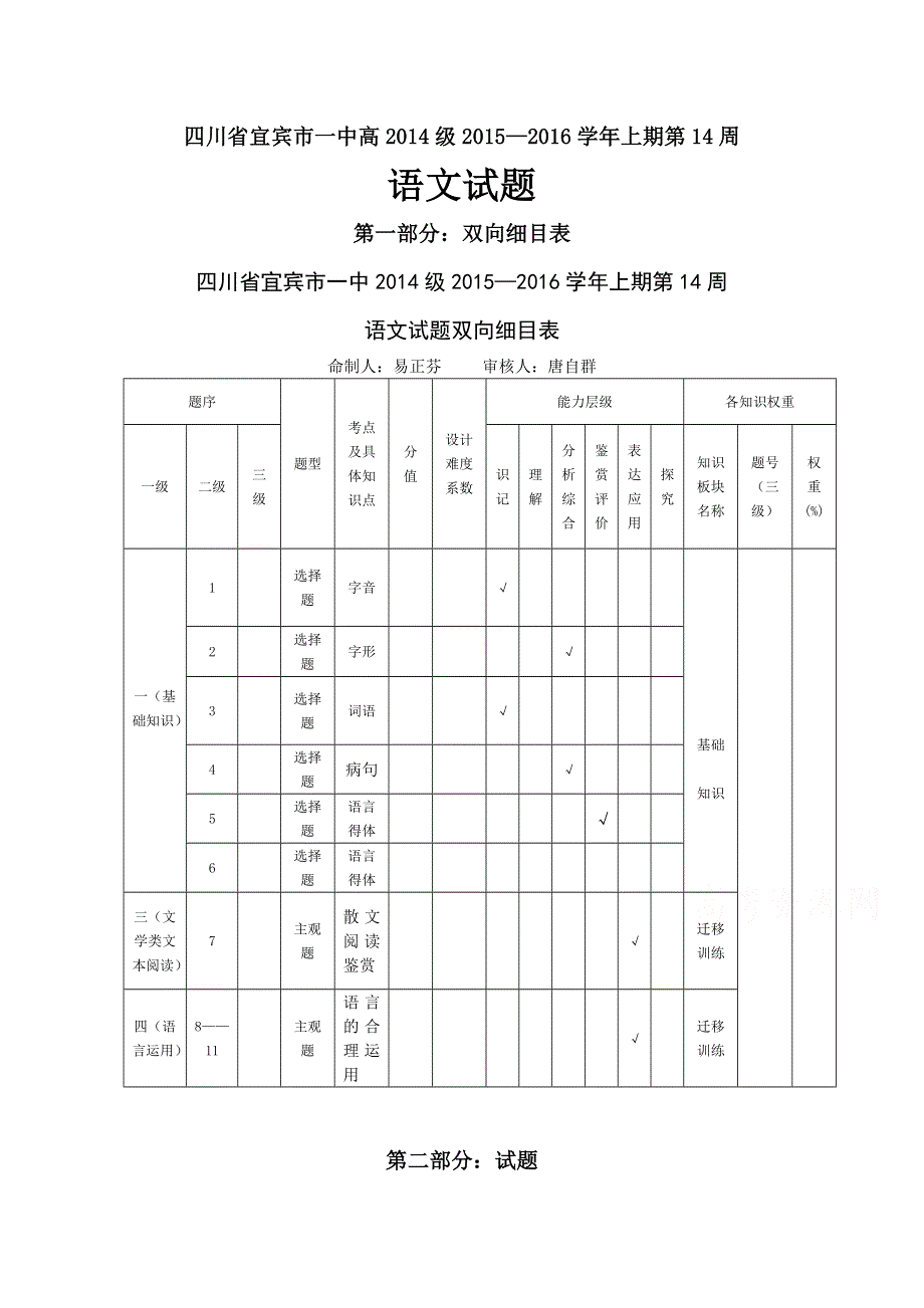 四川省宜宾市一中2015-2016学年高二上学期第14周测试语文试题 WORD版含答案.doc_第1页