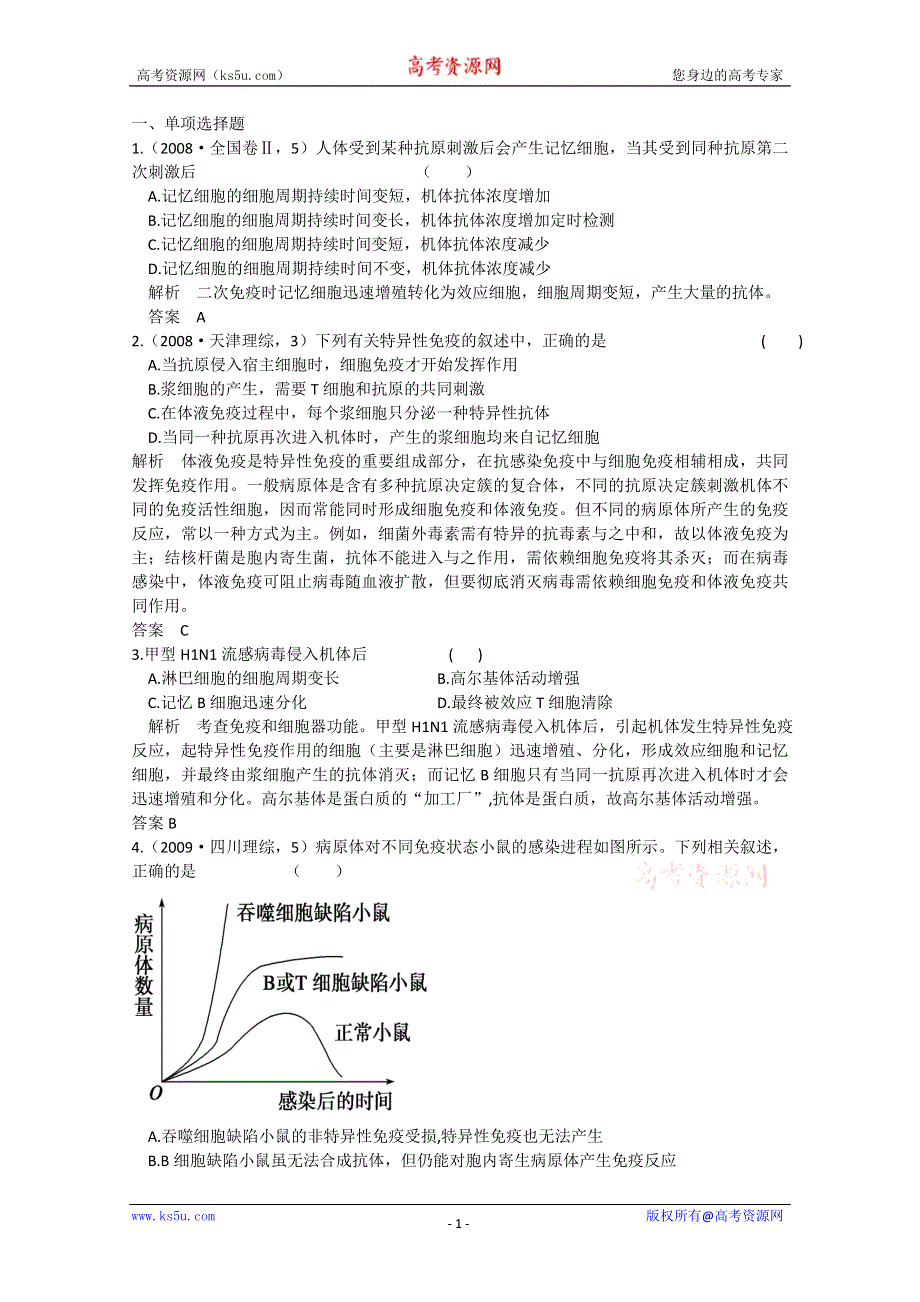 2011年高三生物试题精选精析：免疫调节（新人教版必修三）.doc_第1页