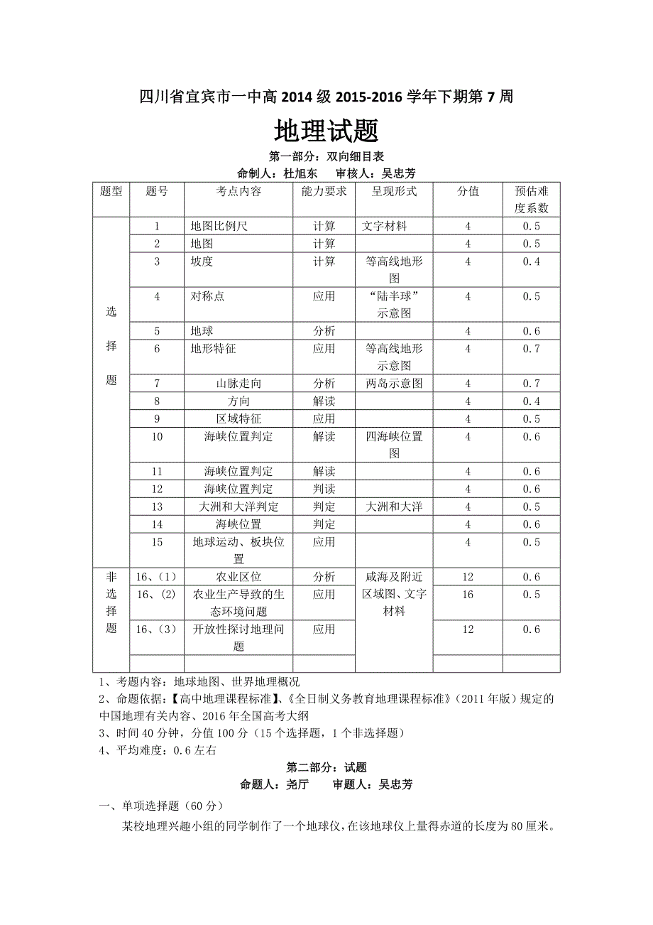 四川省宜宾市一中2015-2016学年高二下期第七周地理训练题 WORD版含答案.doc_第1页