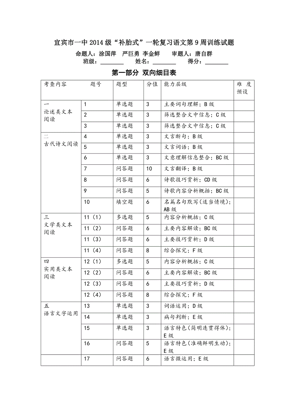 四川省宜宾市一中2017届高三上学期第9周周考语文试题 WORD版含答案.doc_第1页