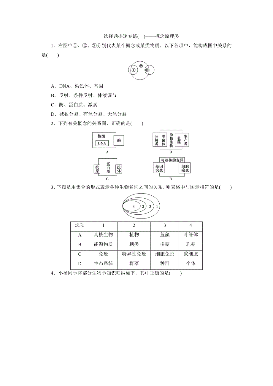 《三维设计》2015高考生物二轮复习练习：选择题提速专练（一）——概念原理类.doc_第1页