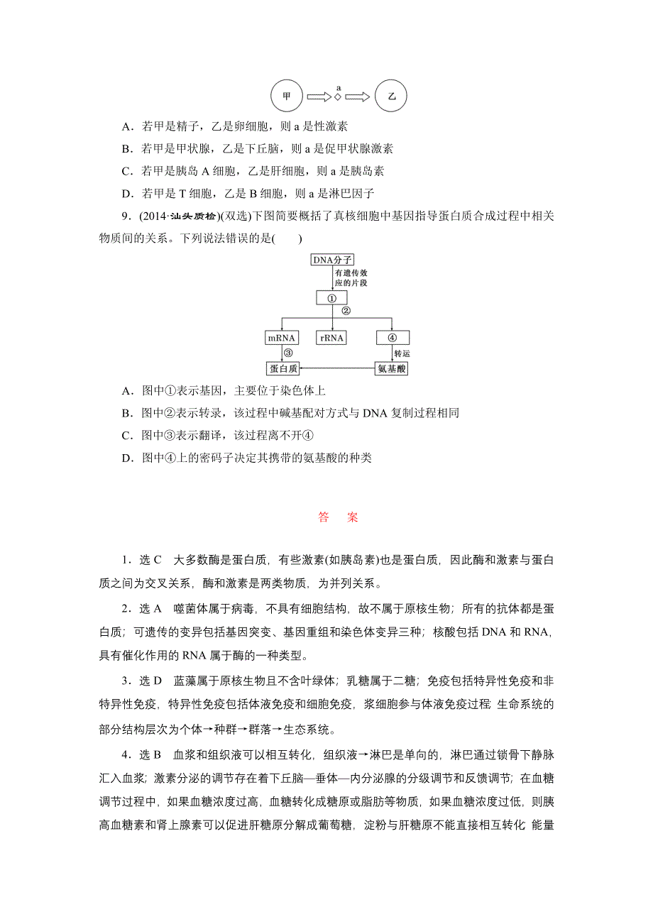 《三维设计》2015高考生物二轮复习练习：选择题提速专练（一）——概念原理类.doc_第3页