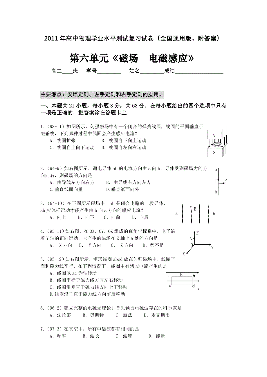 2011年高中物理学业水平单元测试：第六单元《磁场电磁感应》.doc_第1页