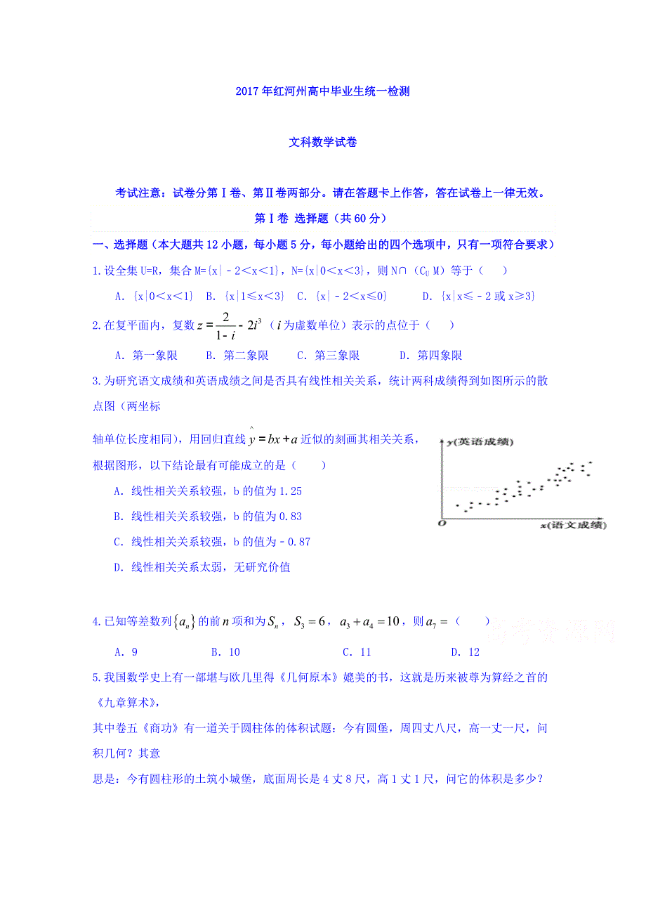 云南省红河州2017届高三毕业生复习统一检测数学（文）试题 WORD版含答案.doc_第1页