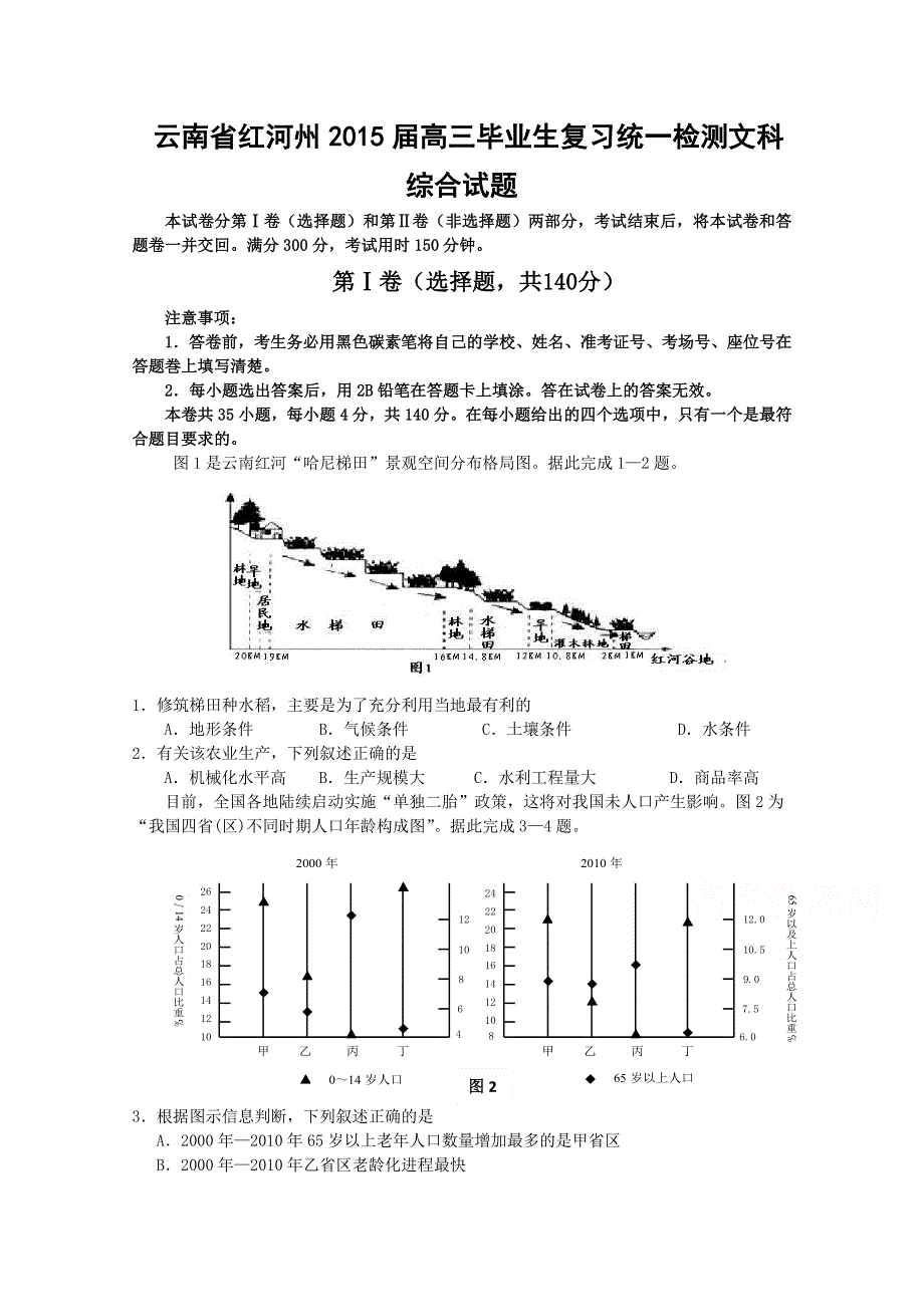 云南省红河州2015届高三毕业生复习统一检测文科综合试题 WORD版含答案.doc_第1页