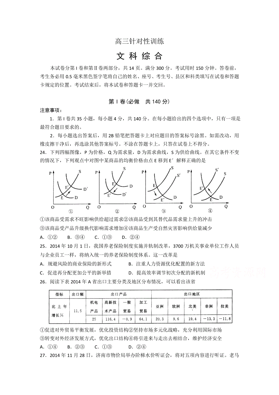 《名校》山东省济南市2015届高三针对性训练（二模）文综政治试题 WORD版含答案.doc_第1页