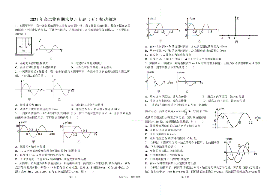 《名校》山东省聊城第三中学2021-2022学年年高二物理期末复习专题 振动和波 WORD版缺答案.docx_第1页