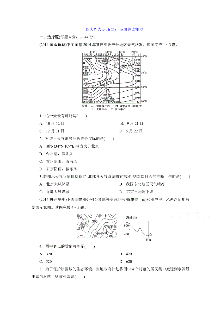 《三维设计》2015届高三地理二轮复习四大能力专训(二)　图表解读能力.doc_第1页