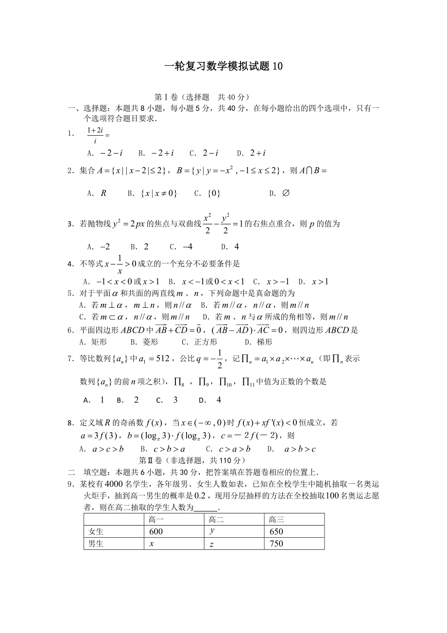 云南省玉溪市普通高中毕业班2018届高考数学一轮复习模拟试题 10 WORD版含答案.doc_第1页