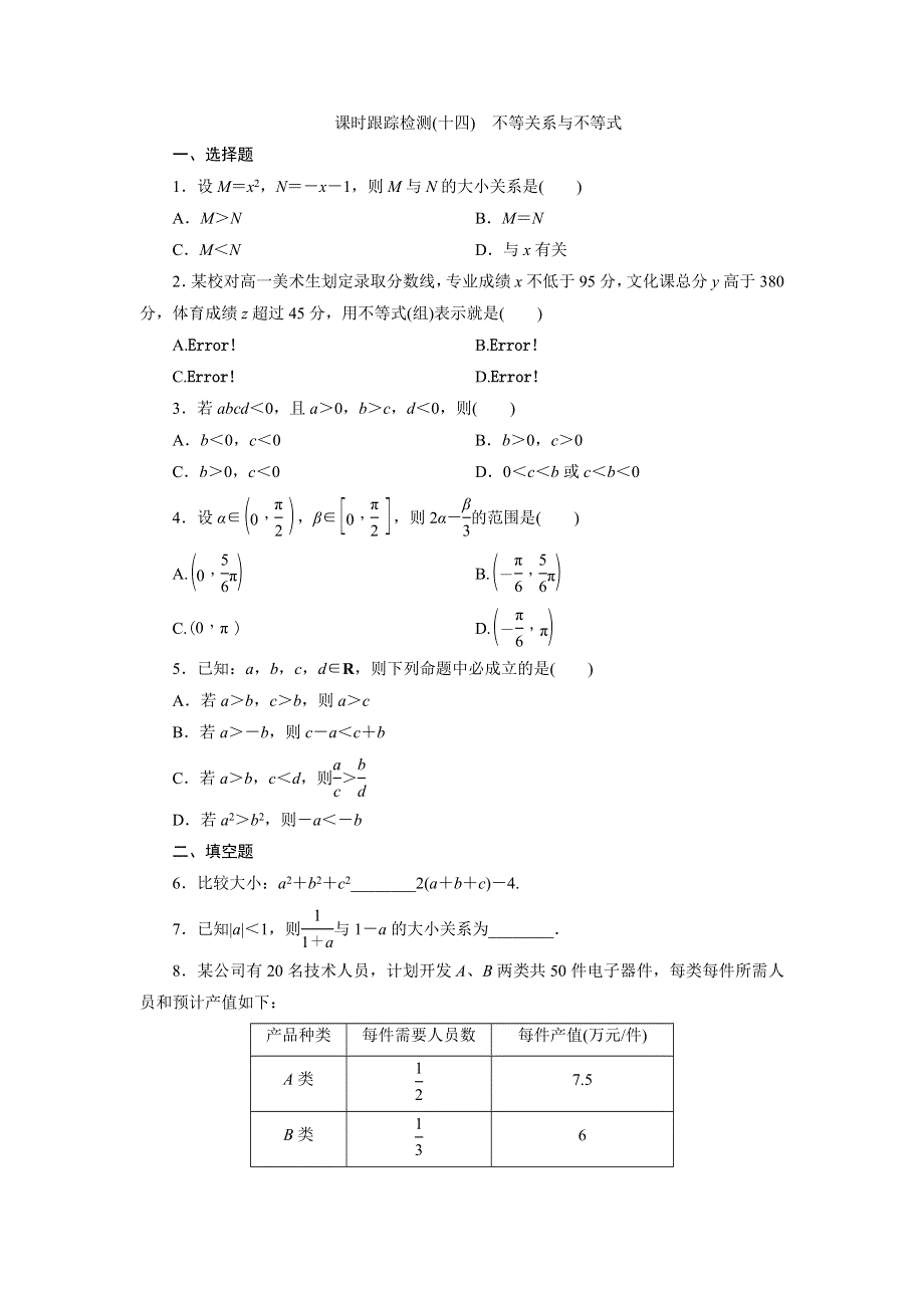 《三维设计》2015-2016学年高二数学人教版必修5课时跟踪检测（十四）　不等关系与不等式 WORD版含解析.doc_第1页