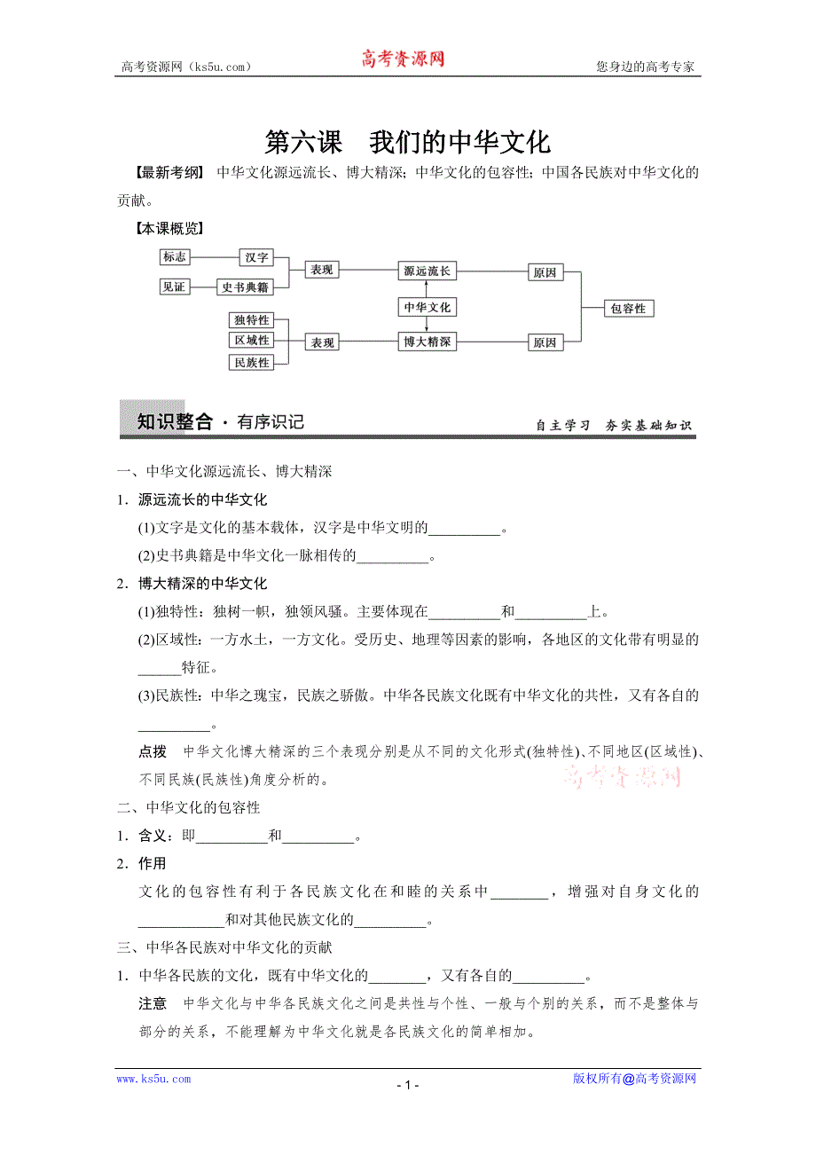 2013届高三政治一轮复习强化学案：第六课　我们的中华文化（新人教必修3）.doc_第1页