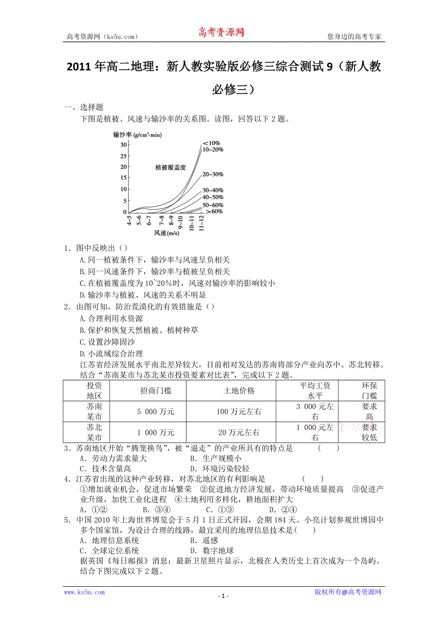 2011年高二地理：新人教实验版必修三综合测试9（新人教必修三）.doc_第1页