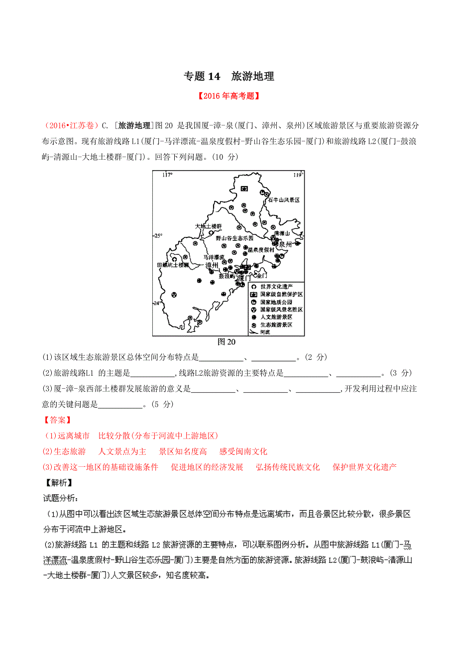 三年高考（2014-2016）地理试题分项版解析 专题14 旅游地理（解析版） WORD版含解析.doc_第1页