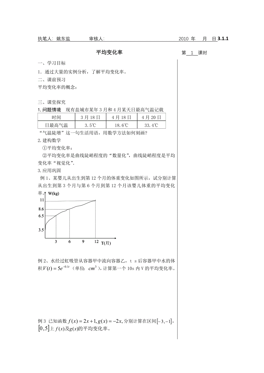 2011年高二数学学案：3.1.1 平均变化率（苏教版选修1-1）.doc_第1页