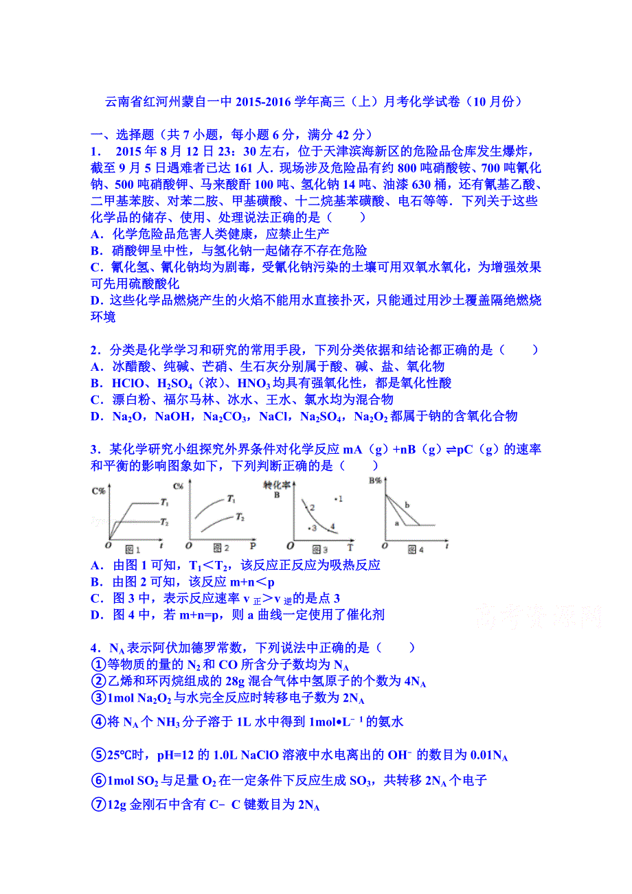 云南省红河州蒙自一中2016届高三上学期月考化学试卷（10月份） WORD版含解析.doc_第1页