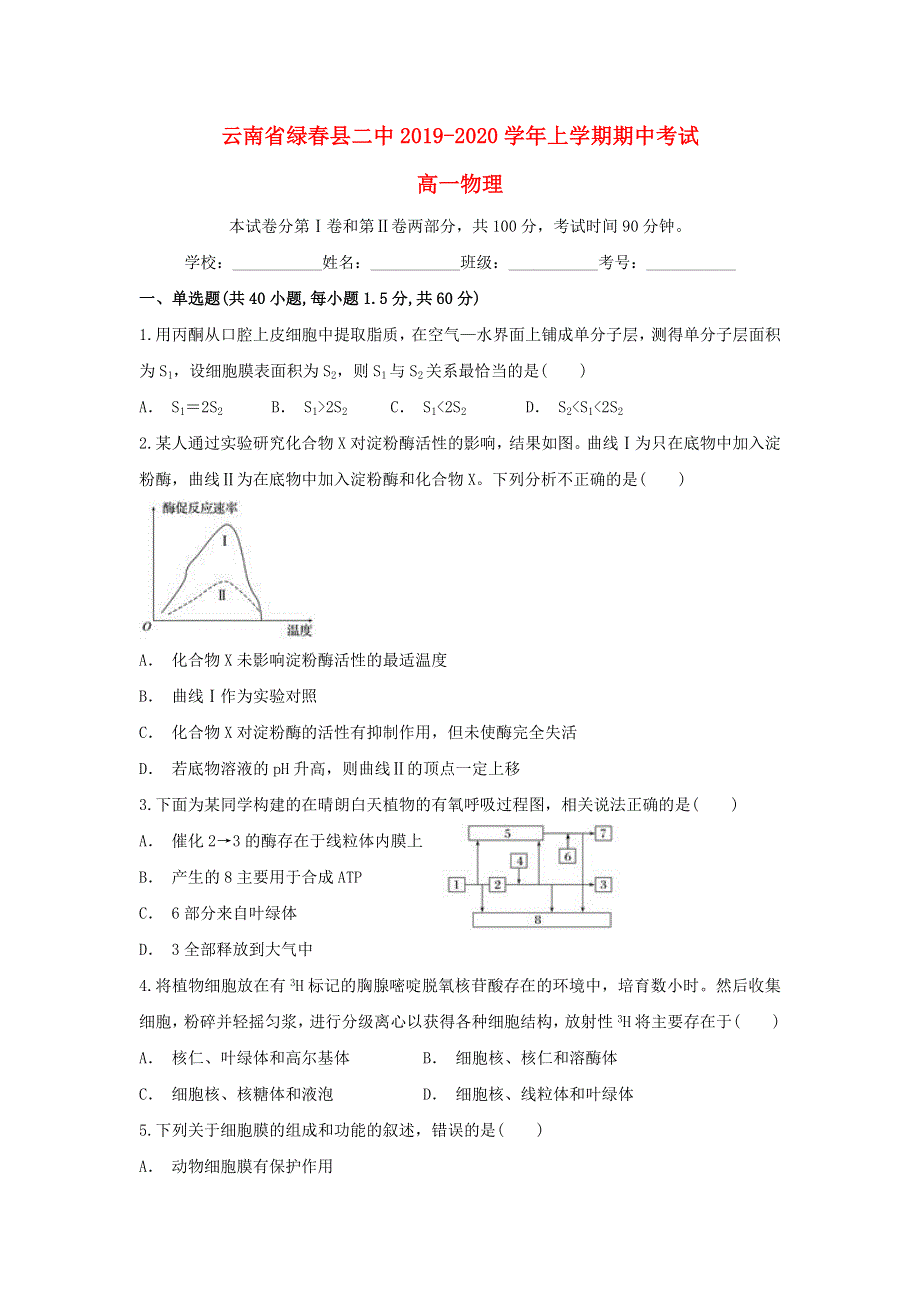 云南省绿春县二中2019-2020学年高一生物上学期期中试题.doc_第1页