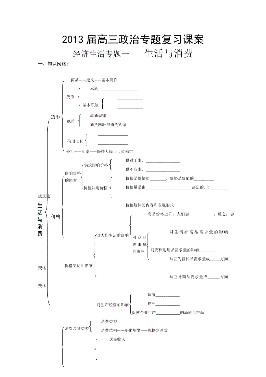 2013届高三政治专题复习课案：第一单元 生活与消费（新人教必修1）.doc_第1页