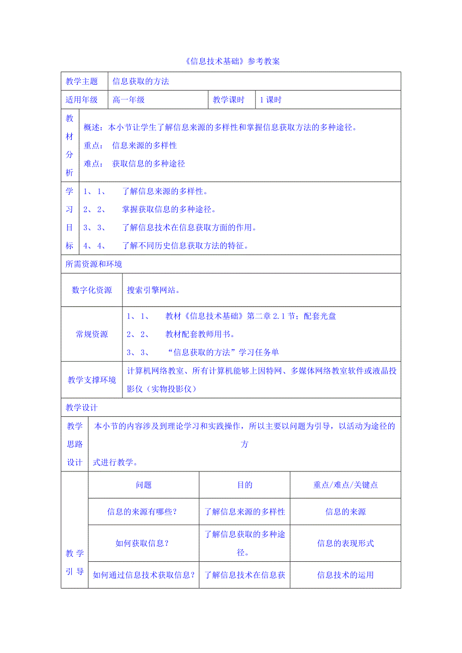 云南省罗平县第一中学高一《信息技术基础》参考教案：信息获取的方法 .doc_第1页