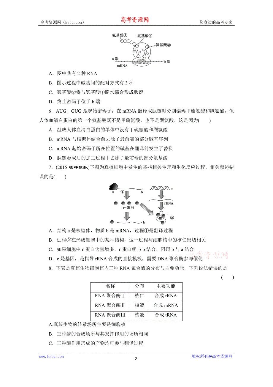 《三维设计》2016届高三生物一轮复习课时跟踪检测（二十）　基因的表达 .doc_第2页