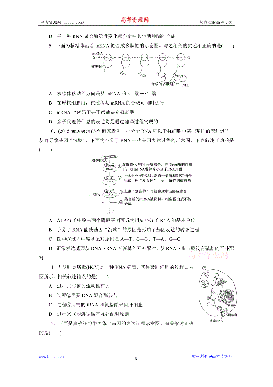 《三维设计》2016届高三生物一轮复习课时跟踪检测（二十）　基因的表达 .doc_第3页