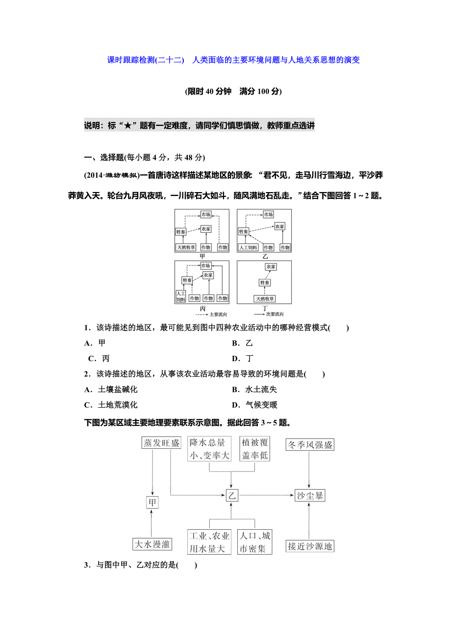 《三维设计》2015届高中地理总复习（湘教版）课时跟踪检测：课时跟踪检测(二十二)　人类面临的主要环境问题与人地关系思想的演变（含答案及解析）.doc_第1页