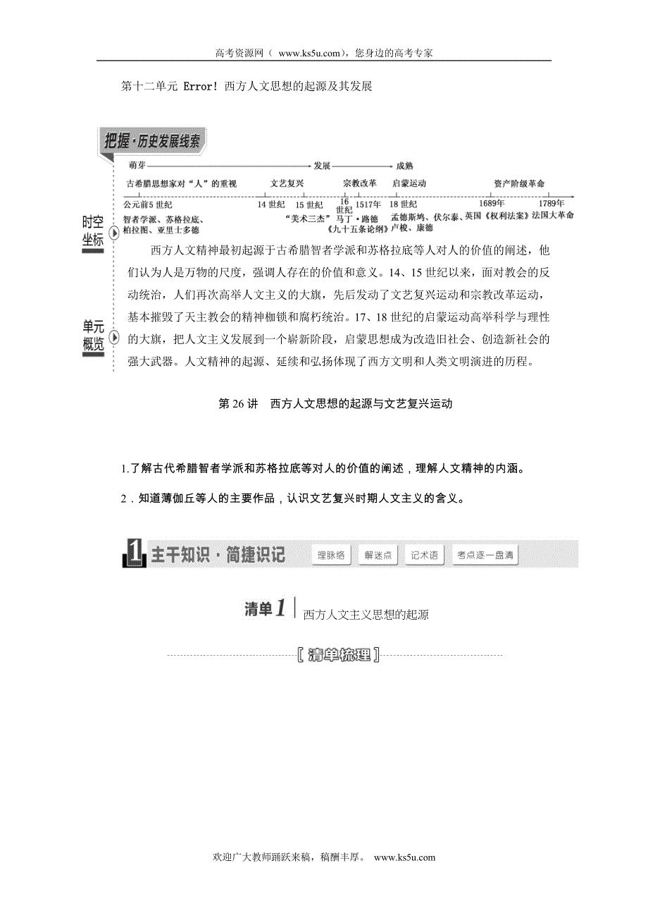 《三维设计》2015届高考历史（安徽专用人教版）一轮总复习名师讲义：第26讲　西方人文思想的起源与文艺复兴运动（把握线索 主干知识 核心解读 热点突破 演练提升）.doc_第1页