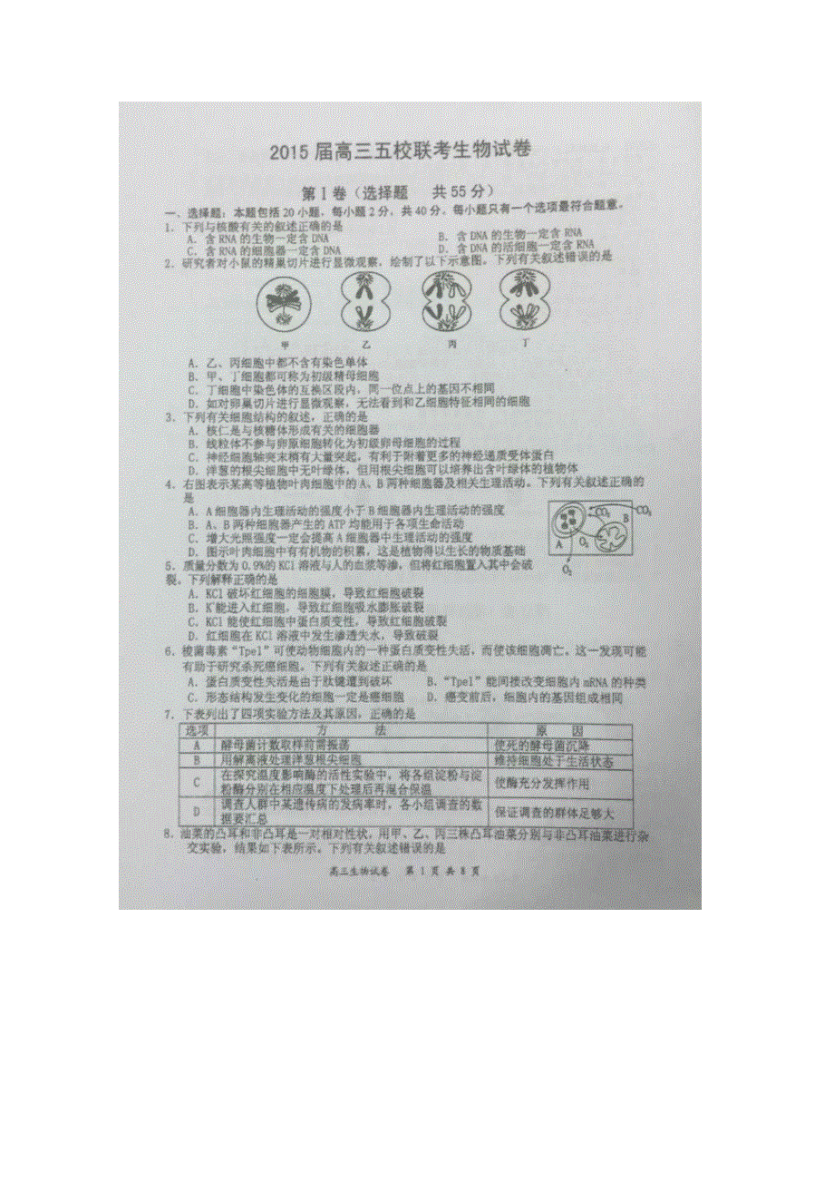 《名校》《全国百强校》江苏省泰州中学、泰兴中学、靖江中学、扬州中学、南京一中2015届高三下学期联考生物试题 扫描版含答案.doc_第1页